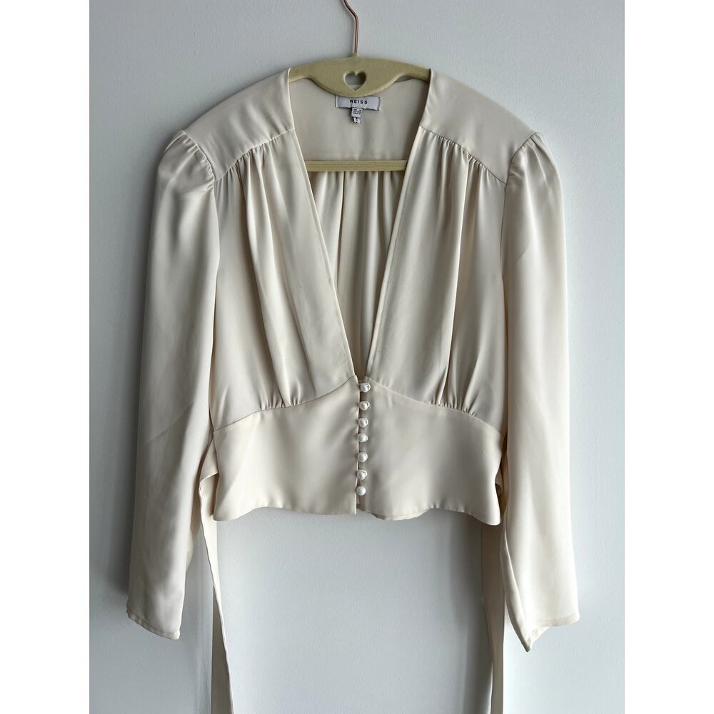 Reiss Plunge Deep V-neck Buttons Tie Wrap Beige Blouse Coquette Lingerie (size 2 - Picture 2 of 14